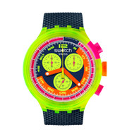 Swatch Neon to the max SB06J100 - cassa gialla, quadrante multicolor cronografo e cinturino blu